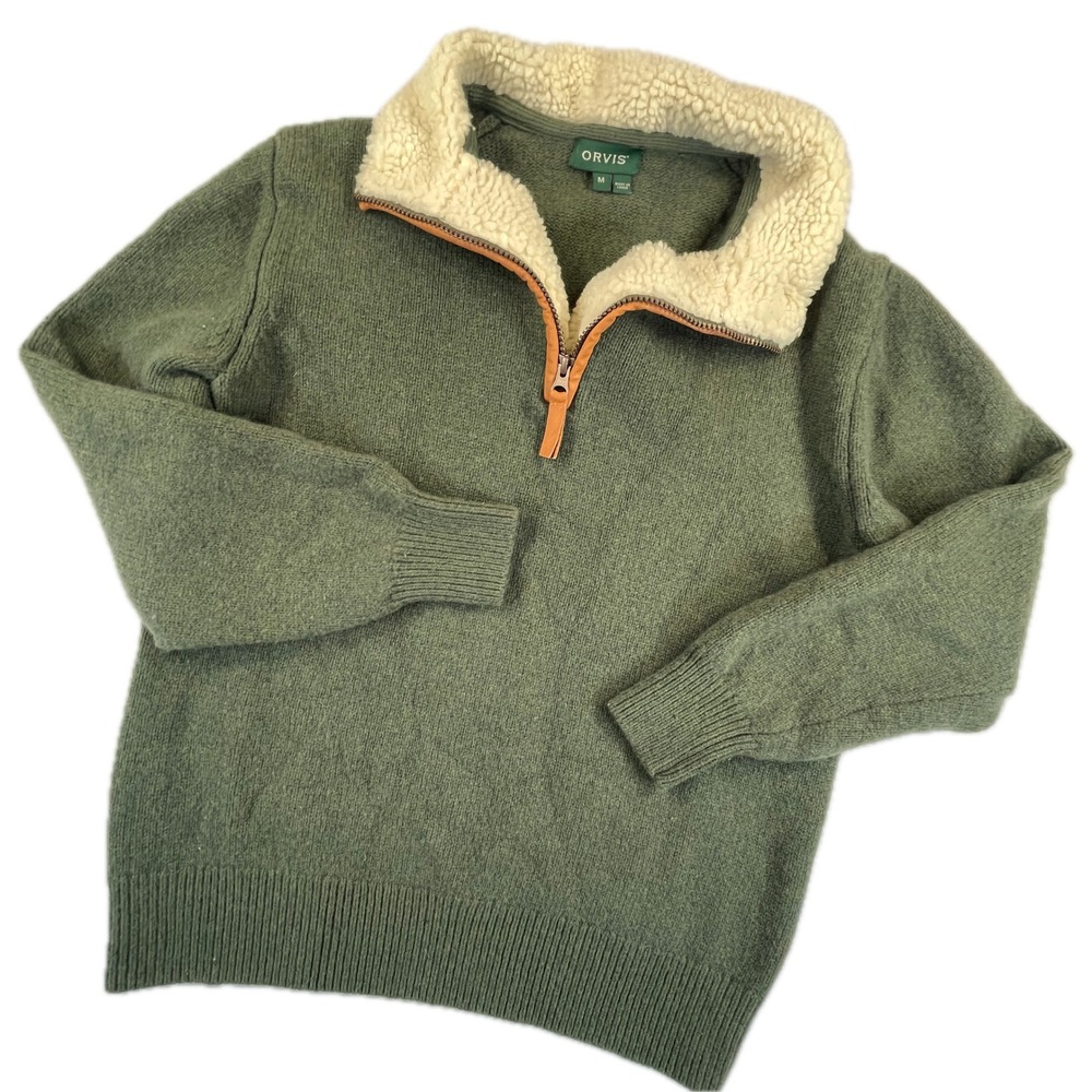 Orvis Quarter Zip Sherpa Collar Lambswool Sweater Size M Green Leather Trim Fall